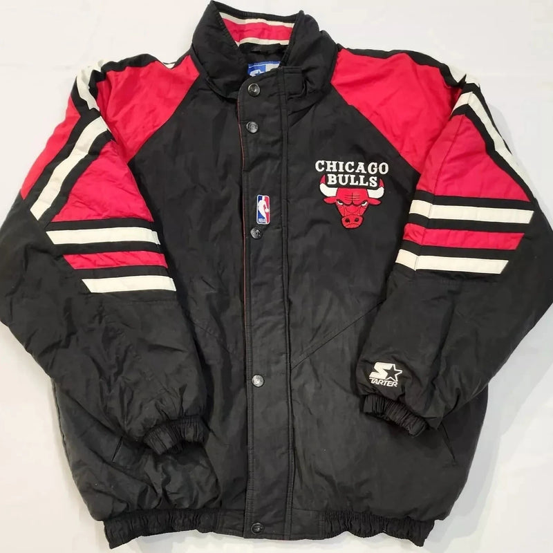 Vintage 90's Chicago Bulls Starter Zip Red & Black Puffer Style Jacket - Size Large - Used