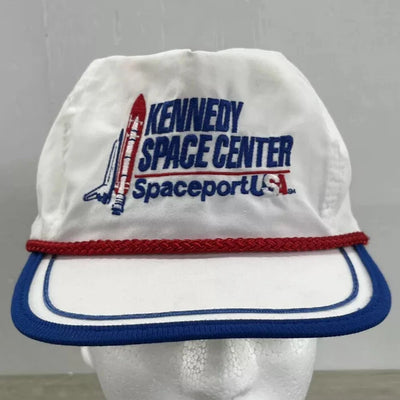 Vintage 80s Corded NASA Kennedy Space Center Hat Spaceport USA Strap back - Used