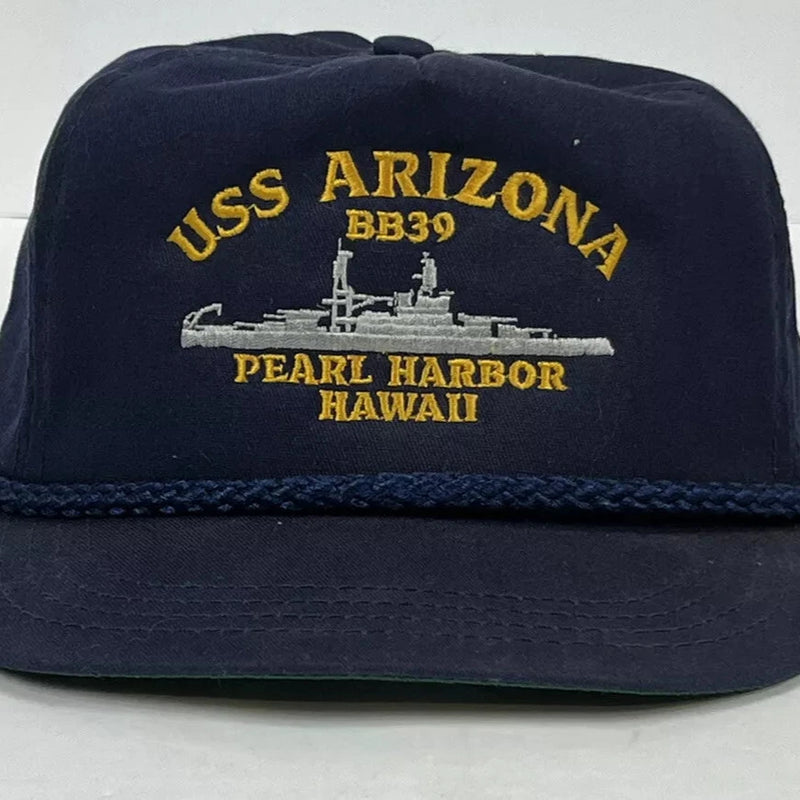 Vintage USS Arizona BB39 Pearl Harbor Hawaii Navy Blue Snapback Hat Made In USA - Used