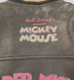 Vintage 90's Disney Store Brown Trader Mickey Mouse Leather Letterman Jacket - Size Large