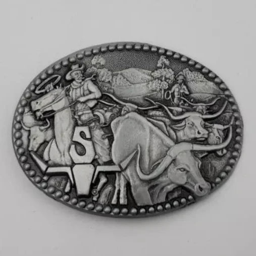 Vintage Zee Series Western Cowboy Longhorn Round Belt Buckle - Used