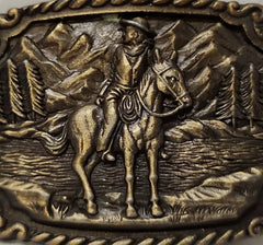 Vintage Horse Cowboy River Crossing Mountain Belt Buckle - Used