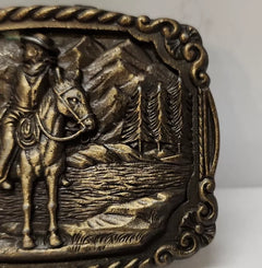 Vintage Horse Cowboy River Crossing Mountain Belt Buckle - Used