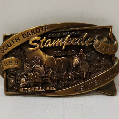 1989 Centennial Corn Palace Stampede Rodeo Brass Belt Buckle South Dakota #114 - Used